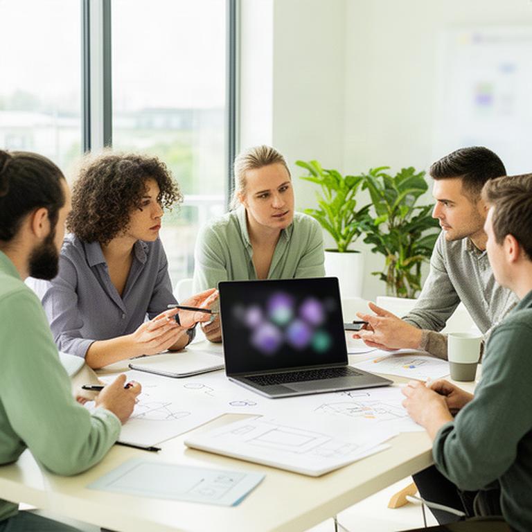 Web3 development team reviewing blockchain architecture around a bright meeting table in West Sussex