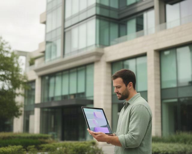Architect reviewing a digital property ownership dashboard beside a modern commercial building