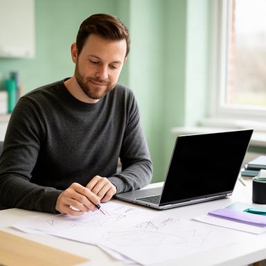 UK blockchain consultant reviewing architecture notes beside a laptop
