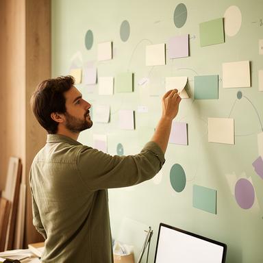 Product designer mapping a wallet user journey on a studio wall