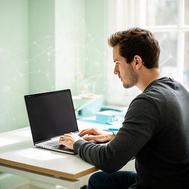 Web3 developer testing smart contract code in a bright West Sussex office