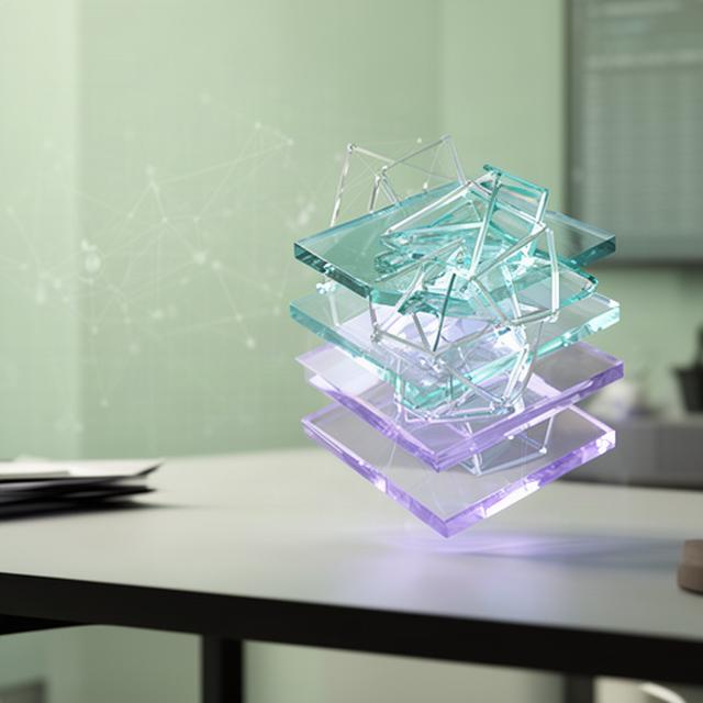 Abstract glass blockchain layers glowing above a desk in a modern UK studio