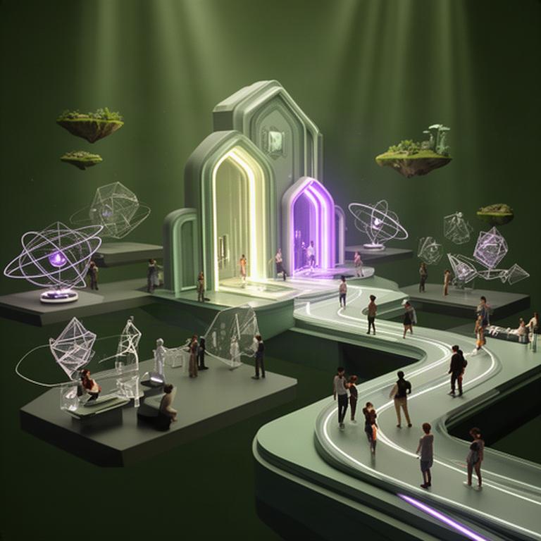 Futuristic virtual venue with floating platforms, warm green lighting and visitors exploring a digital gallery