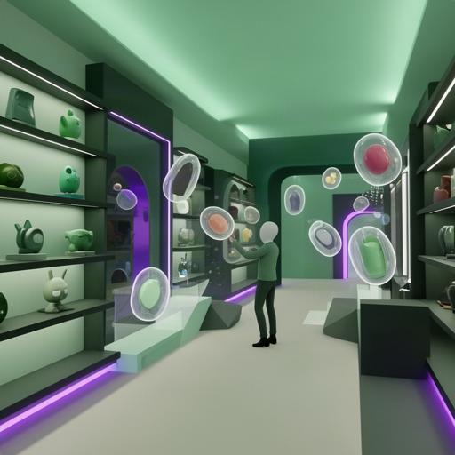 Immersive virtual retail space showing interactive shelves and a digital avatar viewing products