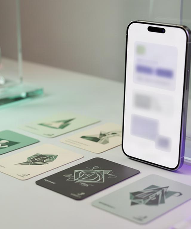 Digital collectible cards displayed on a studio desk beside a smartphone wallet interface