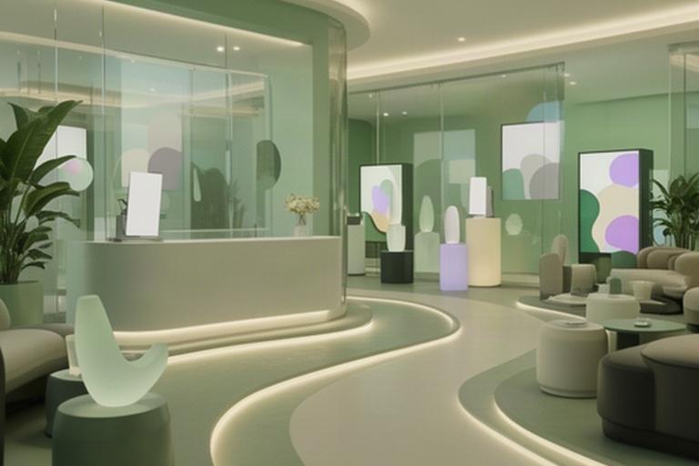 Virtual hospitality venue with a reception desk, lounge seating and branded product displays