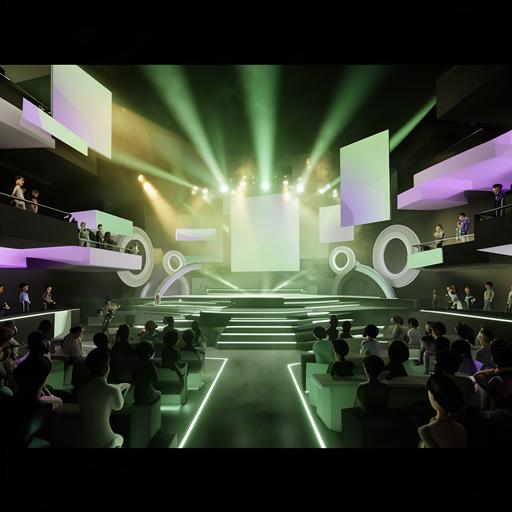 WebGL event environment with a stage, audience avatars and layered lighting for an online launch